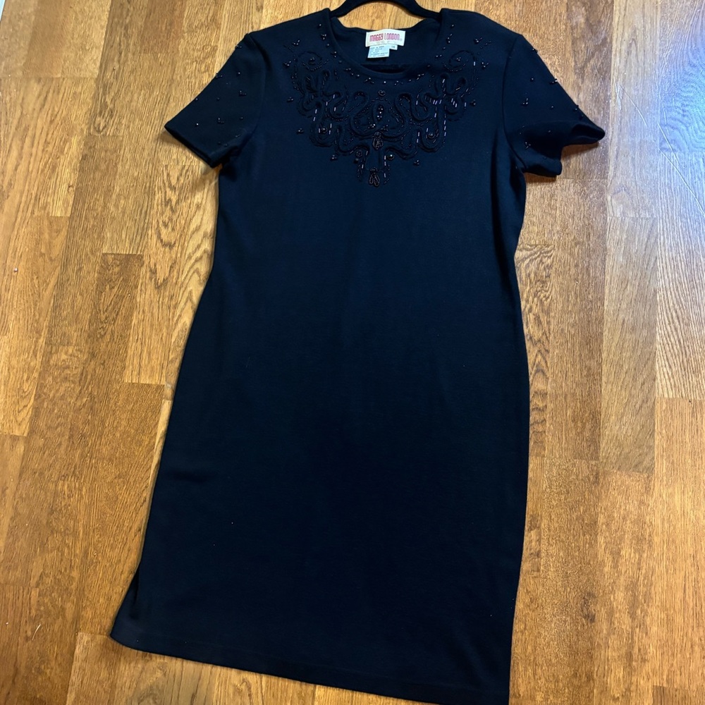 Vintage 90s Maggy London Black Beaded Knit Dress – Size 14 (Fits M/L) wool blend - Picture 2 of 13